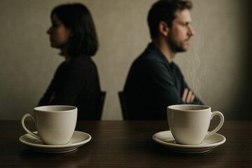 Two steaming coffee cups with distant couple sitting back-to-back, representing emotional disconnect, silence, and unresolved tension over coffee.
