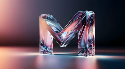 Abstract, vibrant letter M,  crystal-like,  glowing,  dynamic.  Gradient colours, studio lighting,  reflective surface