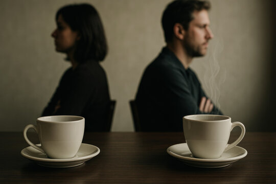 Two steaming coffee cups with distant couple sitting back-to-back, representing emotional disconnect, silence, and unresolved tension over coffee.
