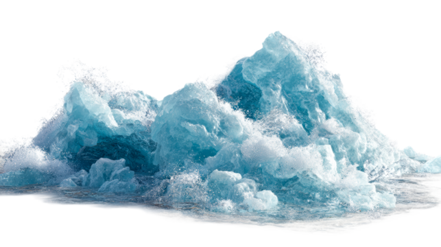 Large icy wave crashing with splashes in bright blue tones