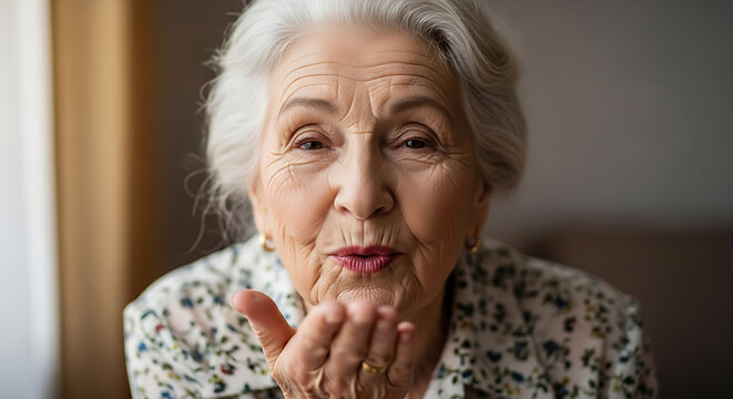 Elderly woman with white hair blowing a kiss sending love and affection with a gentle smile and warm expression