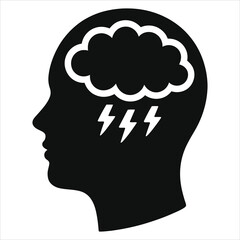 Stress & Anxiety Head Icon: Black Silhouette with Storm Cloud & Lightning. Ideal for Mental Health, Migraine, and Negative Thought Concepts.