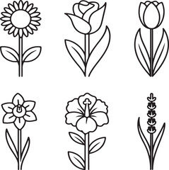 Elegant Flower Icons – Linear Vector Set of Garden Favorites in Simple Outline