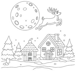 Flying Reindeer Under Full Moon Over Snowy Village | Christmas Winter Coloring Page for Kids