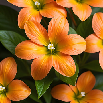 Peach Firecracker Flower (Crossandra infundibuliformis) bloom and vibrant orange Aboli blossom detail from a blooming firecracker plant, a tropical peach flower cluster