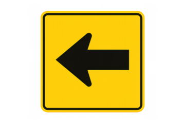 Yellow road sign pointing left on transparent background