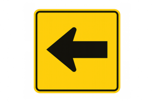 Yellow road sign pointing left on transparent background