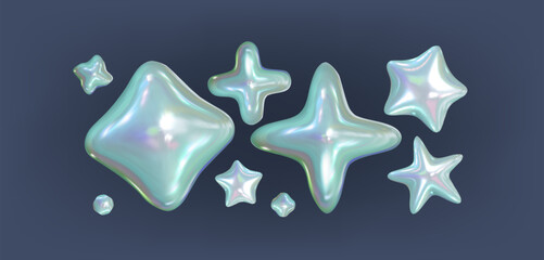 Iridescent Bubbles and Star Shapes on Dark Blue. Isolated silver abstract elements in y2k style and 90s design. Pearl fluid shapes