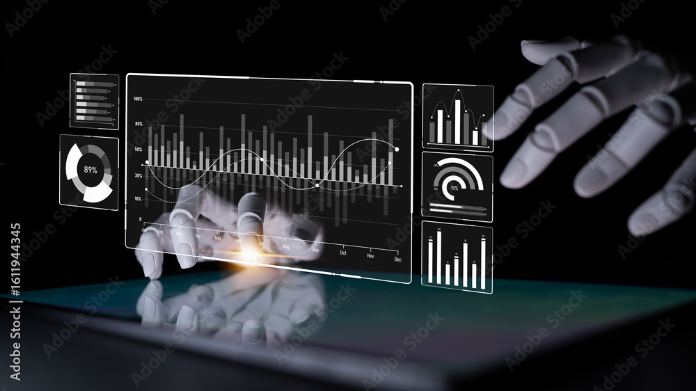 Poster ai artificial intelligence drives data analytics with predictive models, smart dashboards, and virtu