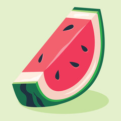 A colorful cartoon illustration of a single slice of watermelon with seeds, rind, and a light green background.
