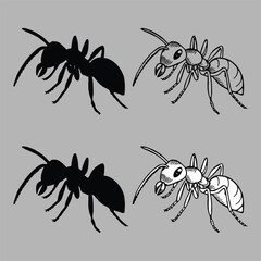 Hand-Drawn Ant Vector Illustration in Various Styles Including Silhouette and Line Art