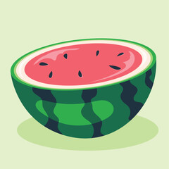 Half of a watermelon with pink flesh and black seeds, resting on a light green surface.