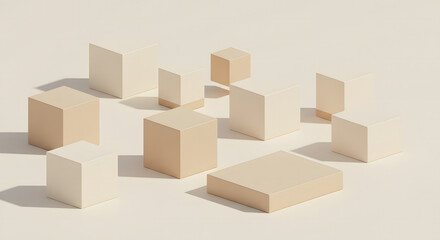 Fototapeta premium Minimalist 3D composition of beige geometric cubes and cuboids casting soft shadows.