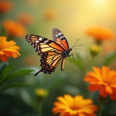 Monarch butterfly in flight amongst vibrant orange flowers