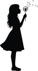 Silhouette of a Young Girl Blowing Dandelion Seeds, Making a Wish, Hopeful Childhood Dream Concept, Serene Outdoor Moment.