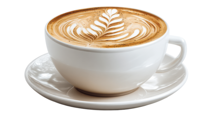 Creamy latte with leaf design served on a white saucer