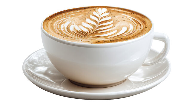 Creamy latte with leaf design served on a white saucer