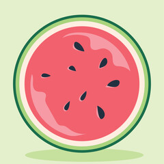 A vibrant, stylized illustration of a watermelon slice, showcasing its red flesh and black seeds against a light green background.