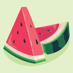 Two slices of watermelon, one upright and one slightly behind, showing the red flesh, black seeds, green rind, and white inner rind.