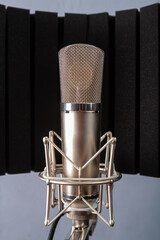 Silver studio microphone with a holder on a gray background