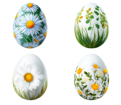 Colorful decorated eggs with floral patterns on transparent background