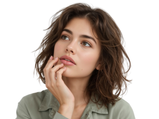 Pensive young woman portrait with a contemplative expression on transparent isolated ambience
