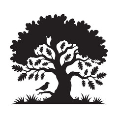 A black and white silhouette illustration of two tall Southern live oak trees,Silhouette illustration of a majestic tree featuring branches leaves,Majestic oak tree silhouette