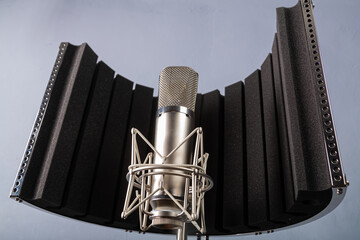 Silver studio microphone with a holder and a pop filter on a gray background