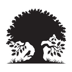A black and white silhouette illustration of two tall Southern live oak trees,Silhouette illustration of a majestic tree featuring branches leaves,Majestic oak tree silhouette