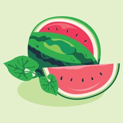 Illustration of a whole watermelon with a slice cut out, alongside a separate watermelon slice and green leaves, all on a light green background.
