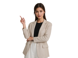 Confident businesswoman presenting idea, pointing towards empty space, isolated transparent