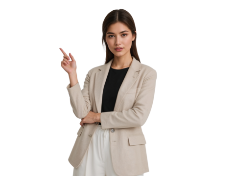 Confident businesswoman presenting idea, pointing towards empty space, isolated transparent