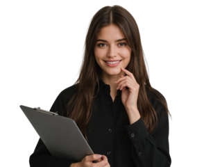Professional woman with clipboard isolated on a transparent backdrop showcases expertise and