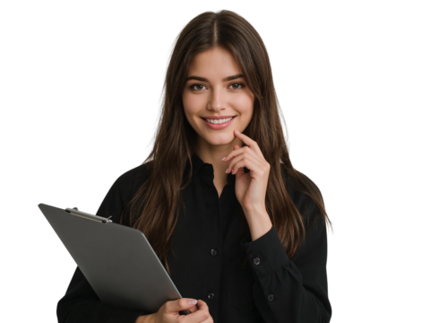 Professional woman with clipboard isolated on a transparent backdrop showcases expertise and