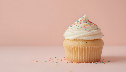 Classic Vanilla Cupcake with White Frosting and Rainbow Sprinkles on Pastel Pink Background