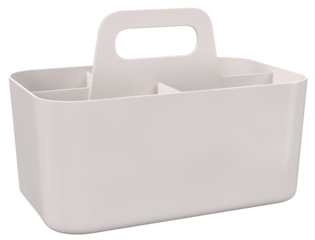 Minimalist artist storage box mockup with wooden handle and inner dividers. Perfect for brushes, pencils, tools or stationery. Isolated on white background. Ideal for product mockups.