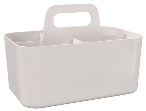 Minimalist artist storage box mockup with wooden handle and inner dividers. Perfect for brushes, pencils, tools or stationery. Isolated on white background. Ideal for product mockups.