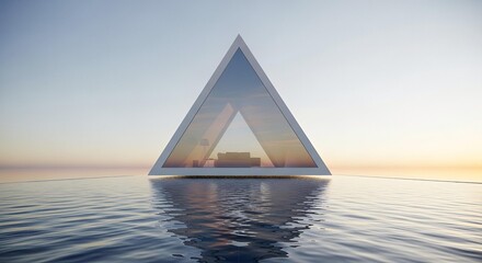 Modern triangular architectural structure floating on calm water at sunset