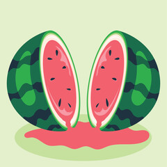 Sliced watermelon illustration with bright pink flesh, black seeds, and green rind, sitting on a light green surface with dripping juice.
