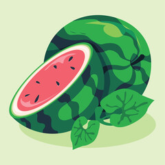 Illustration of a whole watermelon with a slice cut open, revealing the red flesh and black seeds, with green leaves.