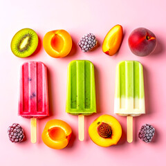 Colorful Fruit Popsicles with Fresh Fruits on Pink Background