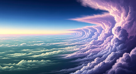 Majestic Cloudscape Over Bright Horizon at Sunset in Vast Sky
