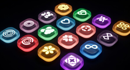 Colorful illuminated icons on dark background representing various symbols