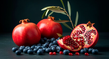 Fresh Pomegranate and Blueberry Arrangement on Dark Background