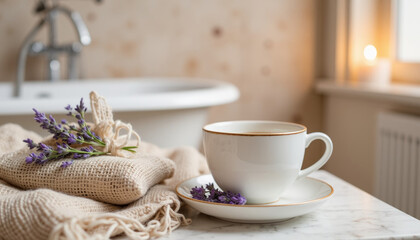 Fototapeta premium Cozy cup of tea with lavender on marble countertop by bathtub 