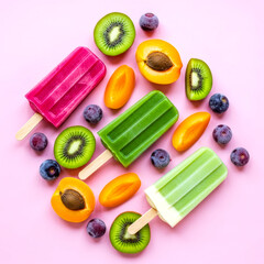 Colorful Fruit Popsicles with Fresh Fruits on Pink Background