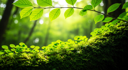 Fresh Green Leaves and Moss Covered Ground in Lush Forest