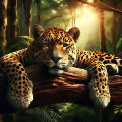 Majestic Jaguar Resting on Tree Branch in Lush Sunlit Rainforest