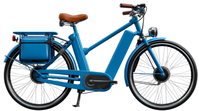 Blue electric bicycle with battery on a transparent background