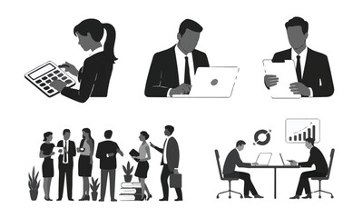 Monochromatic Business Professionals in Various Work Settings Showcasing Teamwork and Individual Tasks with Technology and Documents for Success